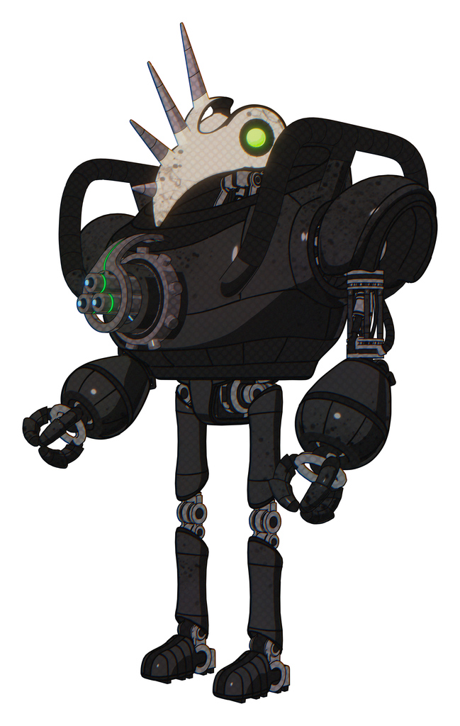 Automaton containing bird skull head and green eyes and heavy upper chest and chest energy gun and ultralight foot exosuit. Dirty black. Facing right view.