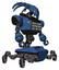 Mech containing flat elongated skull head and heavy upper chest and colored lights array and insect walker legs. Blue halftone. Facing left view.