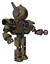 Automaton containing round head and three lens sentinel visor and head winglets and heavy upper chest and heavy mech chest and prototype exoplate legs. Desert tan painted. Interacting.