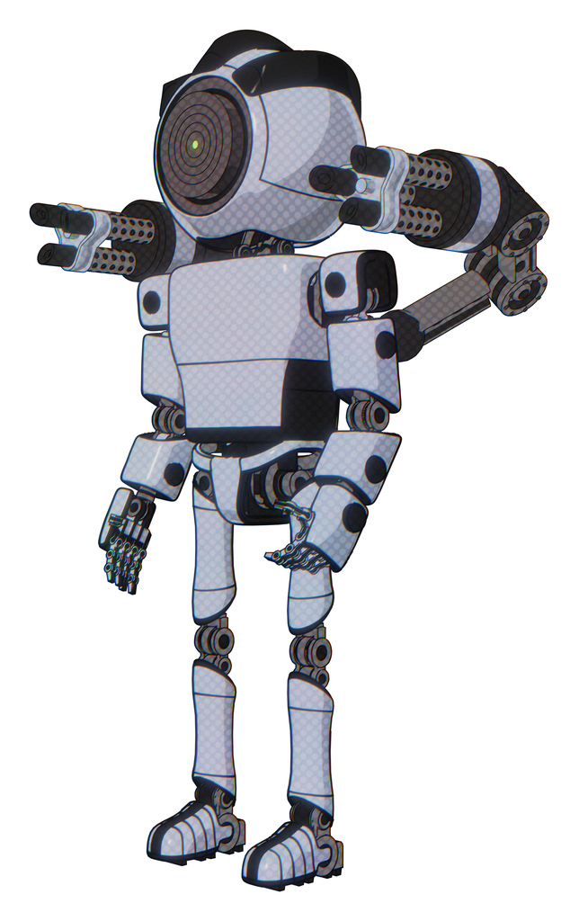 Android containing green dot eye corn row plastic hair and light chest exoshielding and prototype exoplate chest and minigun back assembly and ultralight foot exosuit. Blue tint toon.