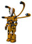 Mech containing humanoid face mask and two-face black white mask and light chest exoshielding and cable sash and blue-eye cam cable tentacles and prototype exoplate legs. Worn construction yellow.