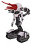 Mech containing bright red jellyfish tentacles fiber optic design and light chest exoshielding and ultralight chest exosuit and minigun back assembly and tank tracks. White halftone toon.