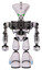 Robot containing flat elongated skull head and heavy upper chest and no chest plating and light leg exoshielding. White halftone toon. Front view.