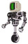 Cyborg containing old computer monitor and three lines pixel design and red buttons and heavy upper chest and no chest plating and unicycle wheel. White halftone toon. Facing right view.