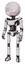 Robot containing dots array face and light chest exoshielding and ultralight chest exosuit and ultralight foot exosuit. White halftone toon. Standing looking right restful pose.