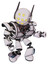 Automaton containing round head and yellow eyes array and head winglets and heavy upper chest and heavy mech chest and barbed wire chest armor cage and light leg exoshielding .