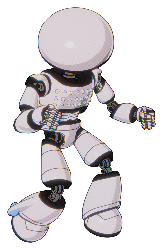 Robot containing dome head and light chest exoshielding and chest green blue lights array and light leg exoshielding. White halftone toon. Fight or defense pose..