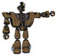 Robot containing humanoid face mask and two-face black white mask and heavy upper chest and heavy mech chest and light leg exoshielding. Old copper. Pointing left or pushing a button..