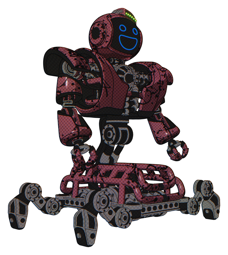 Robot containing digital display head and wide smile and green led array and heavy upper chest and heavy mech chest and insect walker legs. Muavewood halftone grunge. Facing left view.