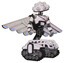 Automaton containing techno multi-eyed domehead design and light chest exoshielding and cable sash and cherub wings design and tank tracks. White halftone toon. Hero pose.