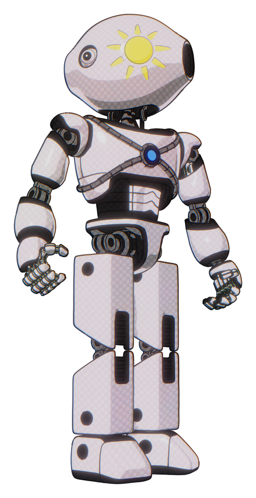 Droid containing oval wide head and sunshine patch eye and light chest exoshielding and blue energy core and prototype exoplate legs. White halftone toon. Hero pose.