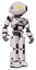 Droid containing oval wide head and sunshine patch eye and light chest exoshielding and blue energy core and prototype exoplate legs. White halftone toon. Hero pose.