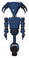 Robot containing flat elongated skull head and light chest exoshielding and prototype exoplate chest and unicycle wheel. Dark blue halftone. Front view.