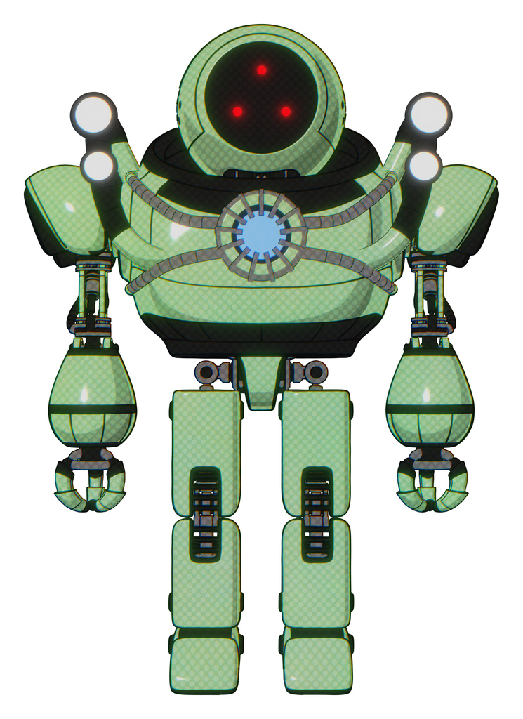Mech containing three led eyes round head and heavy upper chest and chest blue energy core and shoulder headlights and prototype exoplate legs. Green tint toon. Front view.