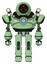 Mech containing three led eyes round head and heavy upper chest and chest blue energy core and shoulder headlights and prototype exoplate legs. Green tint toon. Front view.