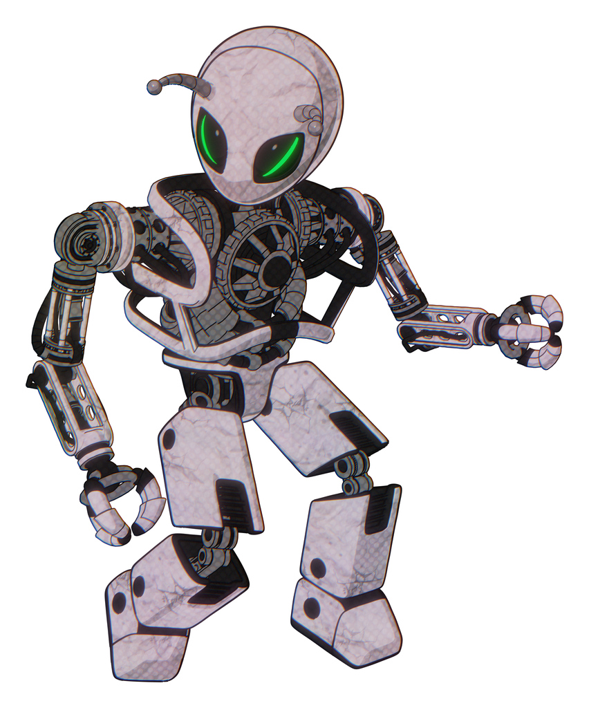 Mech containing grey alien style head and green demon eyes and bug antennas and heavy upper chest and no chest plating and prototype exoplate legs. Sketch pad light. Fight or defense pose..