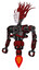 Robot containing humanoid face mask and die robots graffiti design and heavy upper chest and no chest plating and jet propulsion. Grunge dots dark red. Standing looking right restful pose.