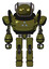 Bot containing oval wide head and yellow eyes and barbed wire visor helmet and heavy upper chest and triangle of blue leds and prototype exoplate legs. Army green halftone. Front view.