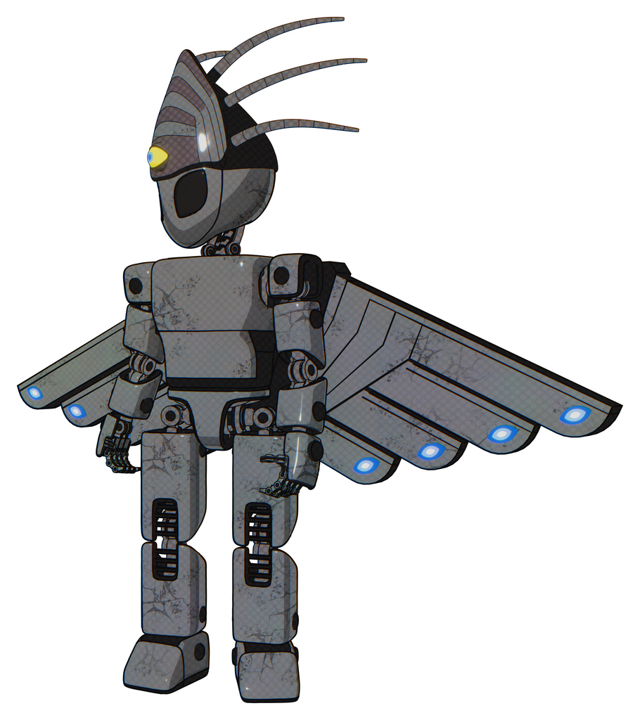 Droid containing grey alien style head and black eyes and eyeball creature crown and light chest exoshielding and prototype exoplate chest and cherub wings design and prototype exoplate legs.