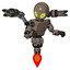 Bot containing grey alien style head and yellow eyes with blue pupils and light chest exoshielding and prototype exoplate chest and minigun back assembly and jet propulsion. Patent khaki metal.