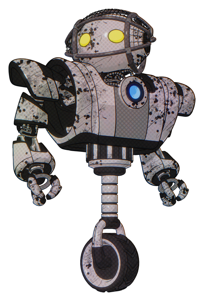 Bot containing oval wide head and yellow eyes and barbed wire cage helmet and heavy upper chest and heavy mech chest and blue energy fission element chest and unicycle wheel. Grunge sketch dots.