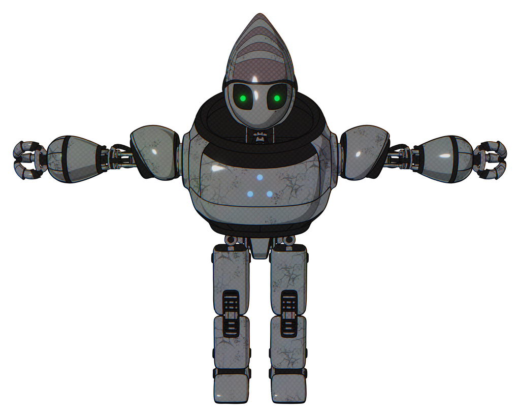 Bot containing grey alien style head and green inset eyes and heavy upper chest and triangle of blue leds and prototype exoplate legs. Patent concrete gray metal. T-pose.