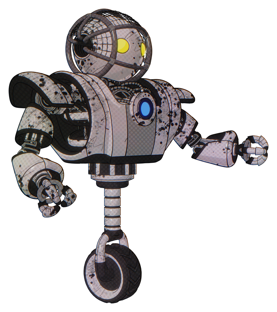 Bot containing oval wide head and yellow eyes and barbed wire cage helmet and heavy upper chest and heavy mech chest and blue energy fission element chest and unicycle wheel. Grunge sketch dots.