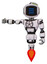Bot containing digital display head and three horizontal line design and green led array and light chest exoshielding and chest valve crank and jet propulsion. White halftone toon.