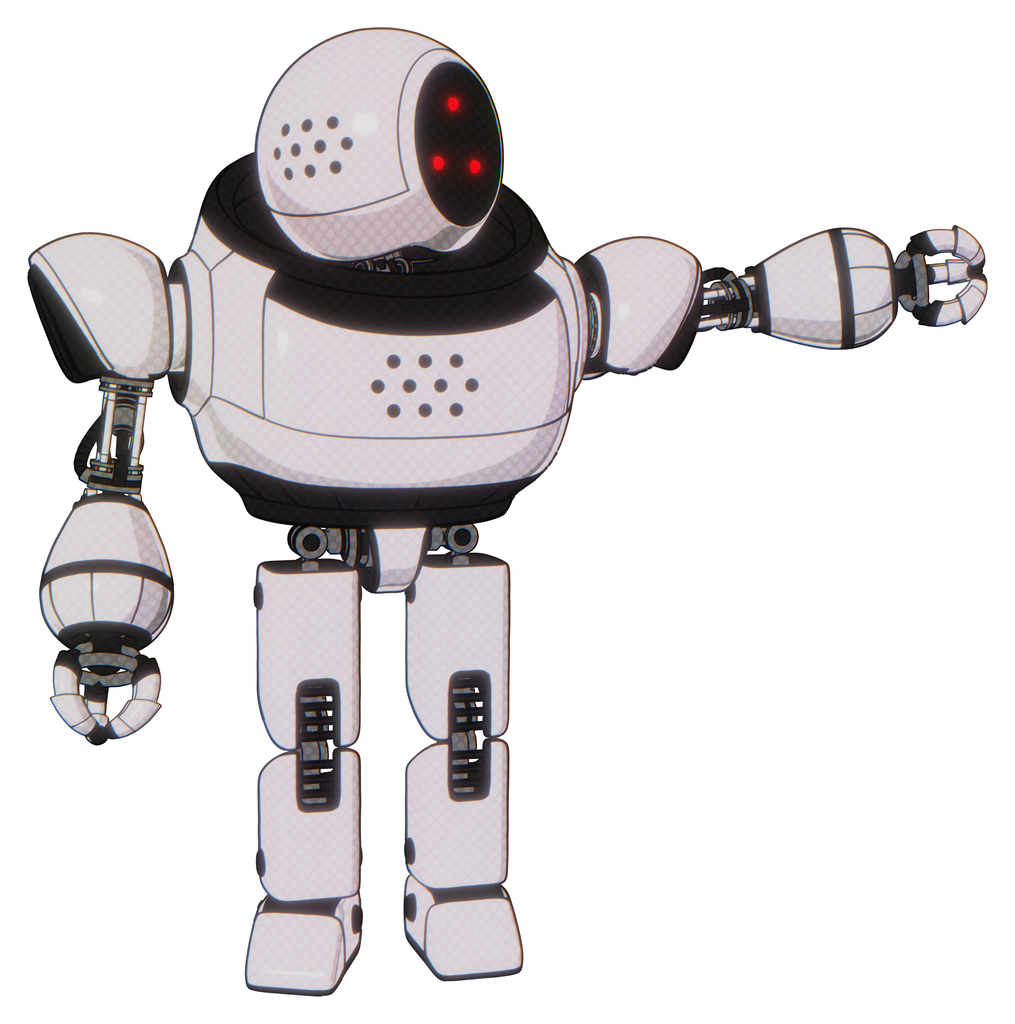 Droid containing three led eyes round head and heavy upper chest and prototype exoplate legs. White halftone toon. Pointing left or pushing a button..