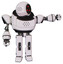 Droid containing three led eyes round head and heavy upper chest and prototype exoplate legs. White halftone toon. Pointing left or pushing a button..