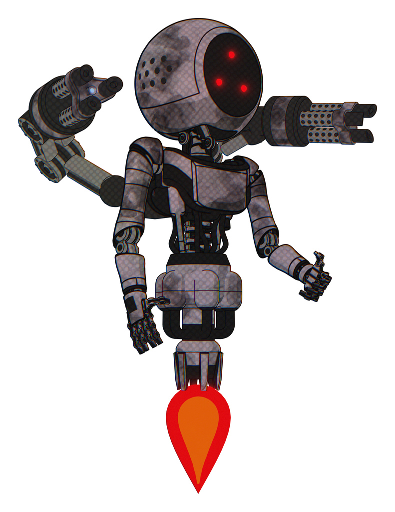 Bot containing three led eyes round head and light chest exoshielding and ultralight chest exosuit and minigun back assembly and jet propulsion. Sketch pad cloudy smudges. Facing left view.