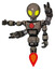 Mech containing grey alien style head and yellow eyes and light chest exoshielding and red chest button and minigun back assembly and jet propulsion. Patent khaki metal.