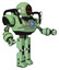 Mech containing three led eyes round head and heavy upper chest and chest blue energy core and shoulder headlights and prototype exoplate legs. Green tint toon. Interacting.