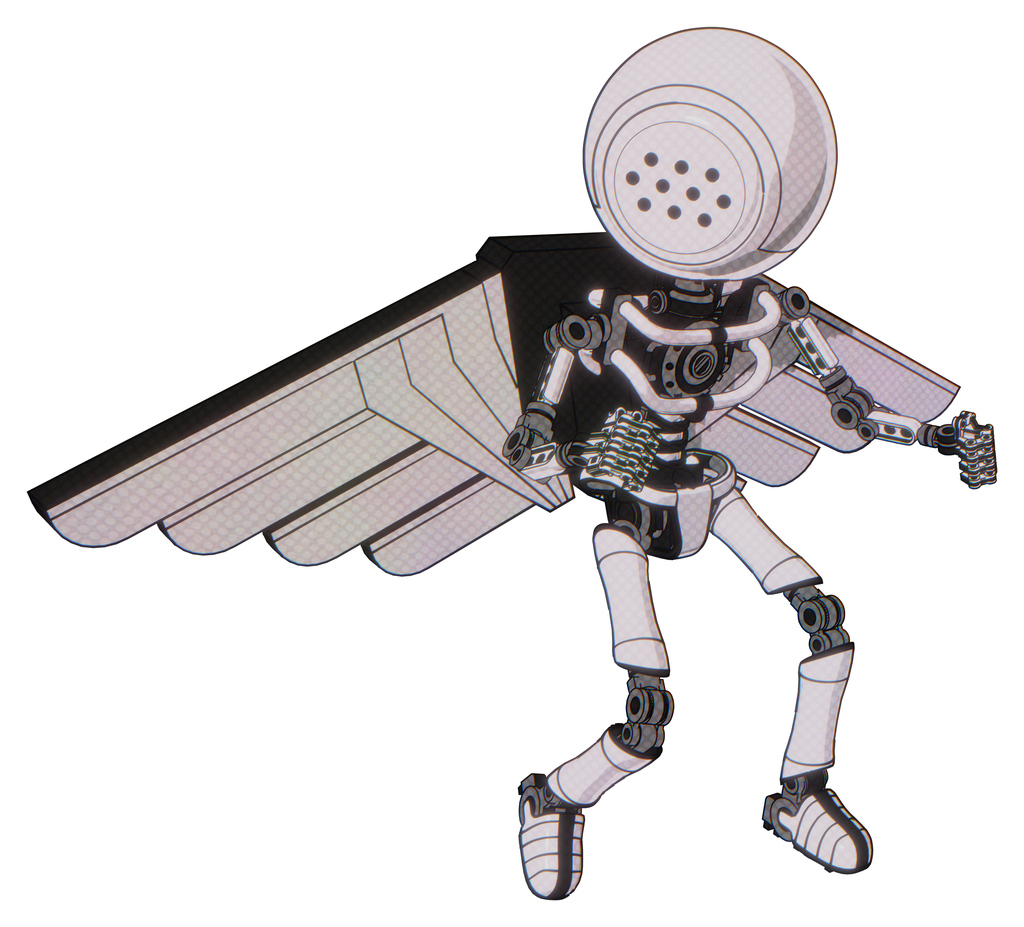 Robot containing dots array face and light chest exoshielding and pilot's wings assembly and no chest plating and ultralight foot exosuit. White halftone toon. Fight or defense pose..