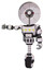 Robot containing dual retro camera head and satellite dish head and light chest exoshielding and yellow chest lights and rocket pack and unicycle wheel. White halftone toon.