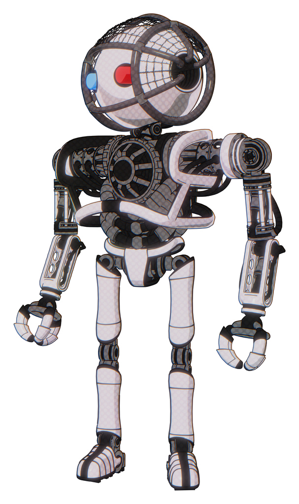 Robot containing oval wide head and giant blue and red led eyes and barbed wire cage helmet and heavy upper chest and no chest plating and ultralight foot exosuit. White halftone toon.