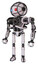 Robot containing oval wide head and giant blue and red led eyes and barbed wire cage helmet and heavy upper chest and no chest plating and ultralight foot exosuit. White halftone toon.