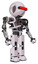 Mech containing round head and horizontal red visor and heavy upper chest and no chest plating and prototype exoplate legs. White halftone toon. Facing left view.