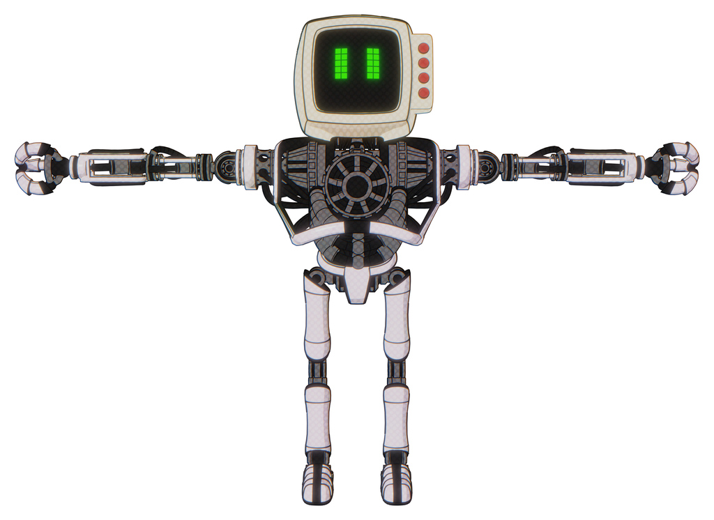 Mech containing old computer monitor and pixel line eyes and red buttons and heavy upper chest and no chest plating and ultralight foot exosuit. White halftone toon. T-pose.