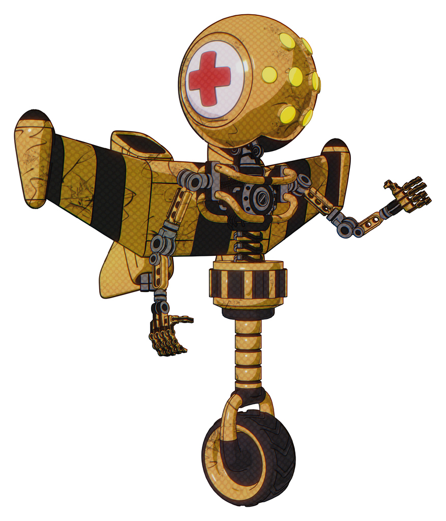 Robot containing round head and yellow eyes array and first aid emblem and light chest exoshielding and stellar jet wing rocket pack and no chest plating and unicycle wheel.