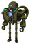 Robot containing oval wide head and blue eyes and steampunk iron bands with bolts and heavy upper chest and heavy mech chest and spectrum fusion core chest and ultralight foot exosuit.