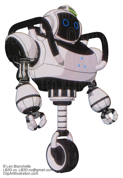 Android Containing Digital Display Head And Circle Eyes And Green Led Array And Heavy Upper Chest And Triangle Of Blue Leds And Unicycle Wheel. White Halftone Toon. Facing Left View. #18266