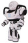 Bot containing dots array face and heavy upper chest and circle of blue leds and light leg exoshielding and stomper foot mod. White halftone toon. Facing right view.