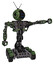 Cyborg containing digital display head and sleeping face and retro antennas and heavy upper chest and no chest plating and six-wheeler base. Grunge grass green. Pointing left or pushing a button..