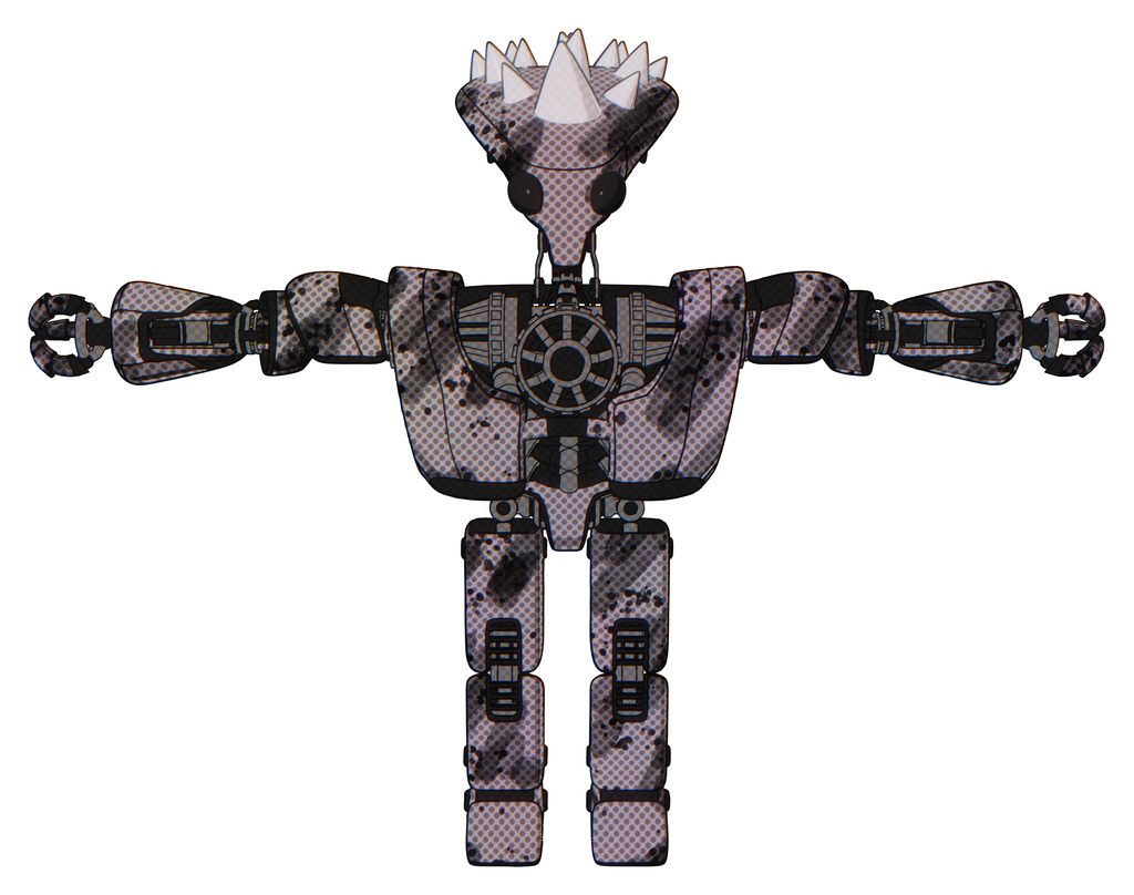 Droid containing flat elongated skull head and spikes, and heavy upper chest and heavy mech chest and prototype exoplate legs. Smudgy sketch. T-pose.