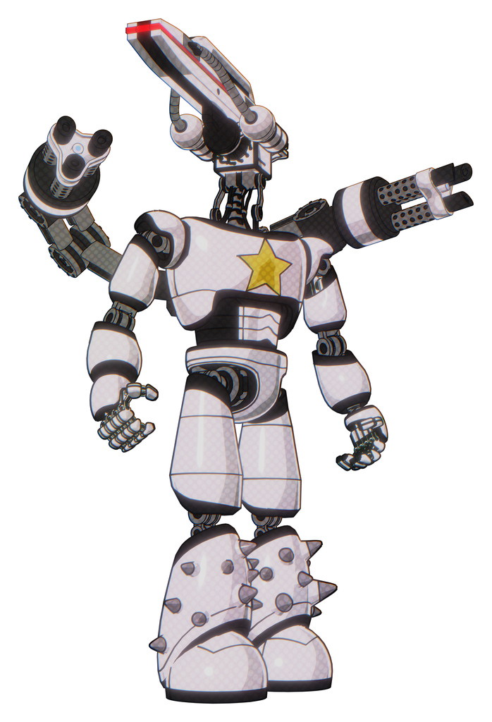 Bot containing dual retro camera head and laser gun head and light chest exoshielding and yellow star and minigun back assembly and light leg exoshielding and spike foot mod. White halftone toon.