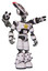 Bot containing dual retro camera head and laser gun head and light chest exoshielding and yellow star and minigun back assembly and light leg exoshielding and spike foot mod. White halftone toon.