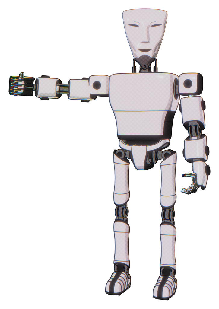 Cyborg containing humanoid face mask and light chest exoshielding and prototype exoplate chest and ultralight foot exosuit. White halftone toon. Arm out holding invisible object..