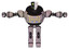 Robot containing humanoid face mask and two-face black white mask and heavy upper chest and colored lights array and prototype exoplate legs. Gray metal. T-pose.