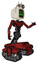 Automaton containing old computer monitor and angry pixels face and old computer magnetic tape and light chest exoshielding and ultralight chest exosuit and tank tracks. Grunge dots cherry tomato red.